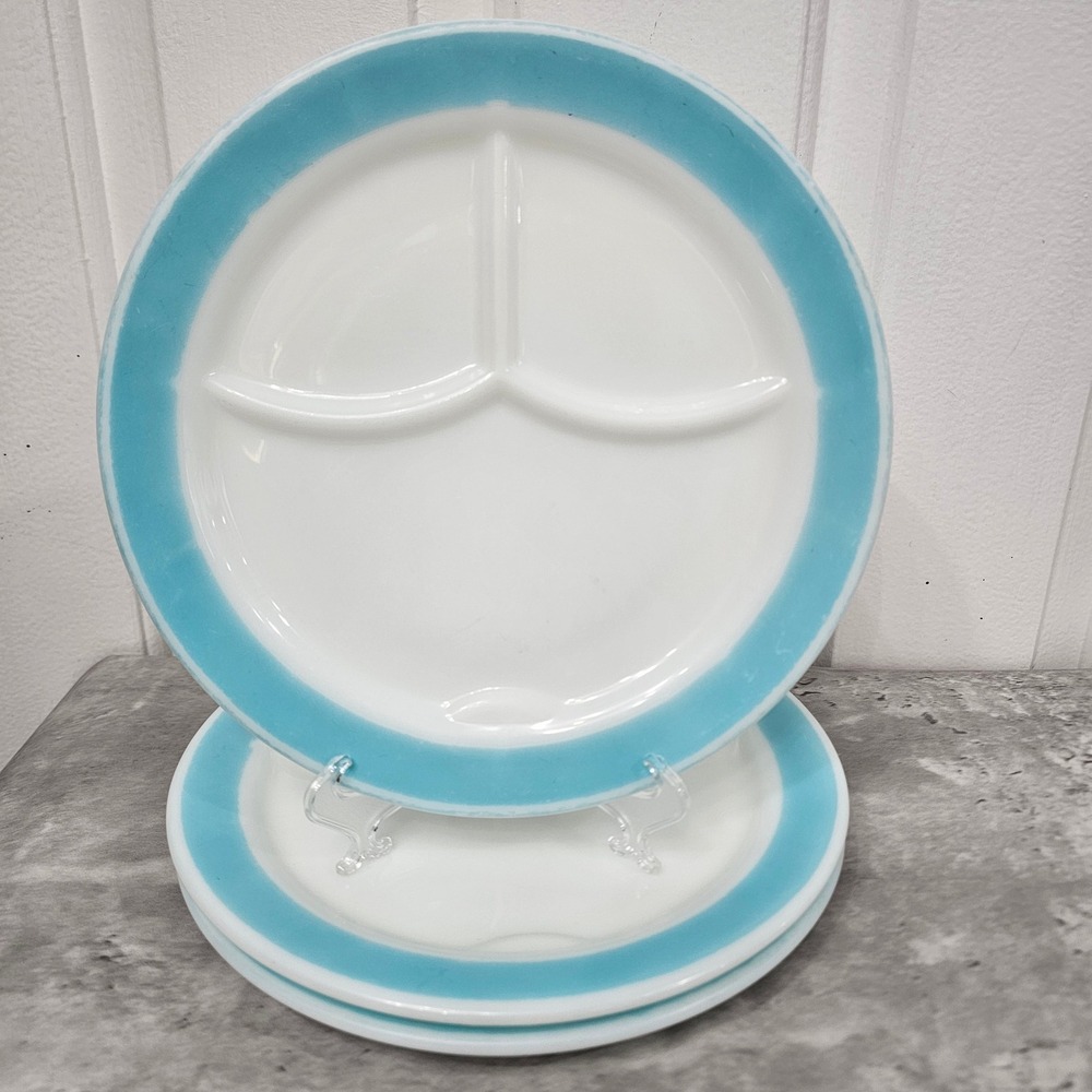 Vintage Corning Milk Glass Divided Grill Plates Turquoise Blue Rim Set of 3 9.5"
